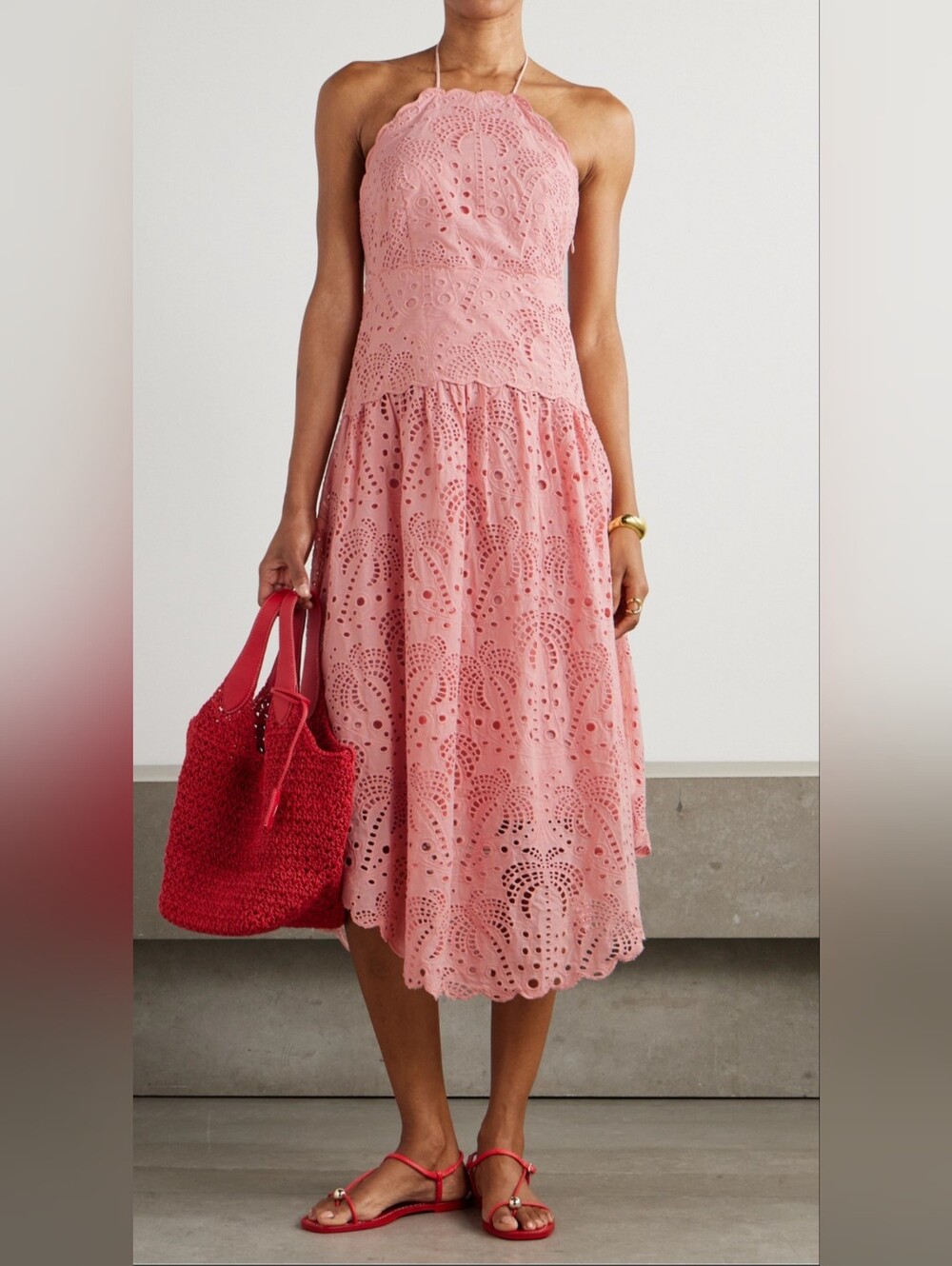 Farm Rio Eyelit Embroidery Midi Halter Dress